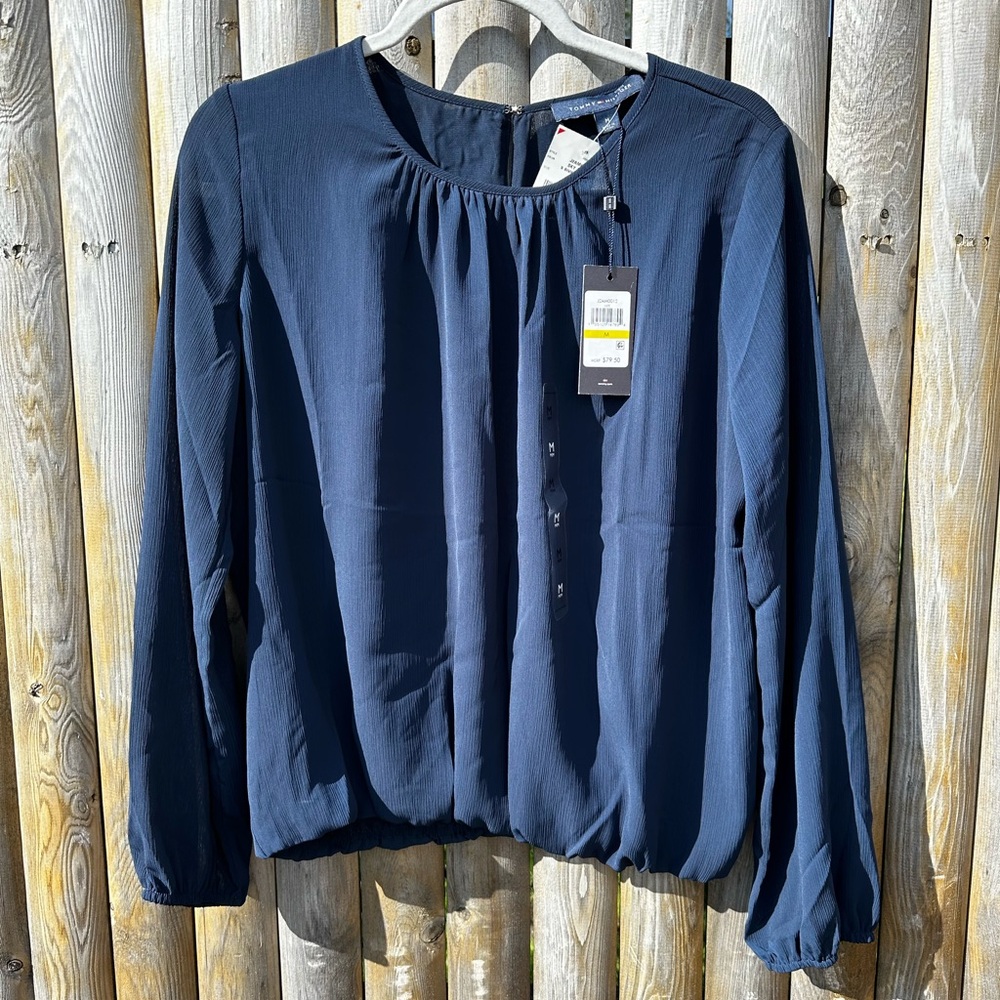 Tommy Hilfiger Navy Long Sleeve Bubble Top Blouse NWT Medium